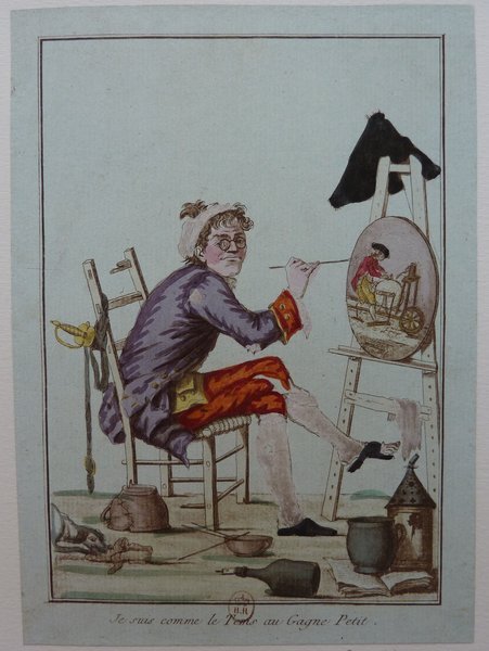An artist in a studio wearing pince-nez, sits at an easel painting a picture of a seated figure. The studio contains various items including a sword, a painting, and a dog. The artist's outfit consists of a habit à la française. There is a bicorne hat resting on the easel.