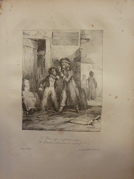 Black and white engraving of two children quarreling in a street scene, with a folio on the ground beside them. In the background, other figures watch, including a teacher observing the altercation.