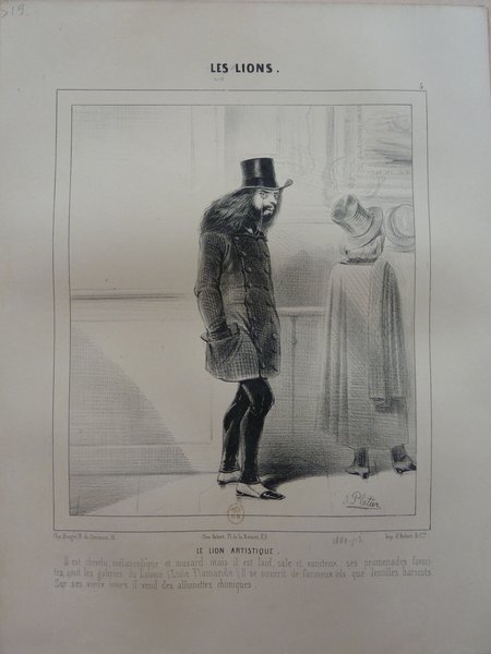 A black and white illustration showing a man with long hair and a monocle, wearing a top hat, standing beside a row of hats on display and looking at paintings in an exhibition setting during the July Monarchy era. The scene is titled "LES LIONS" and depicts a Bohemian artist's milieu.