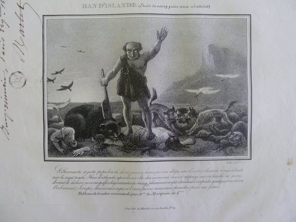 A vintage engraving depicting a landscape scene with a central figure of a man in seemingly prehistoric outfit holding a club. He is surrounded a gruesome scene of animals, such as wild dogs, mangling the bodies of deceased individuals.