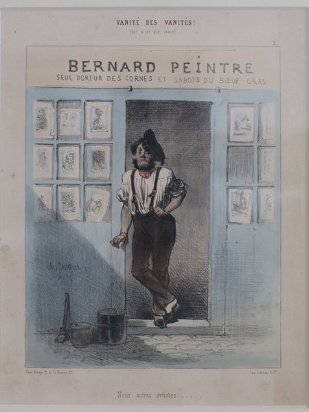 An illustrative print depicting a man with facial hair and a hat, identified as a painter, posed beside artists' brushes and a window displaying caricatures; evocative of the Bohemian style and the July Monarchy period.