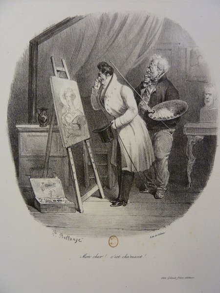 A painter is showing a painting to a man who using a loupe. They are in an art studio. Tools such as artists' brushes, an easel, a palette, and a portrait painting are visible. There are statues and an indication of furnaces or restoration possibly suggested by other art objects and setting.