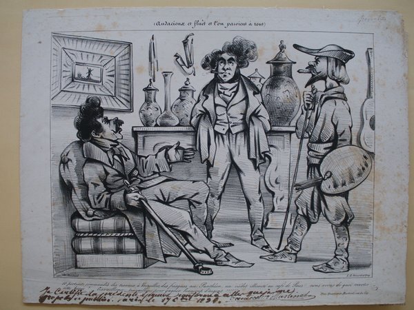 Black and white illustration depicting three male figures in a room filled with various items tagged as Artists' Brushes, Canes, Guitars, Paintings, Palettes, and Mahlsticks. The attire and items suggest the setting during the July Monarchy period. The room is indoors.