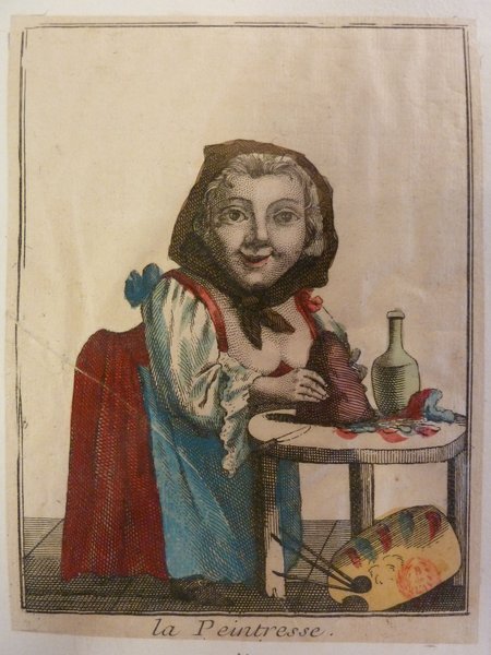 An illustration of a woman in a studio during the Ancien Régime, grinding paint pigments. She is wearing a headscarf and a colorful dress, seated next to a table holding artists' brushes and a palette with various pigments. A bottle is also visible on the table.