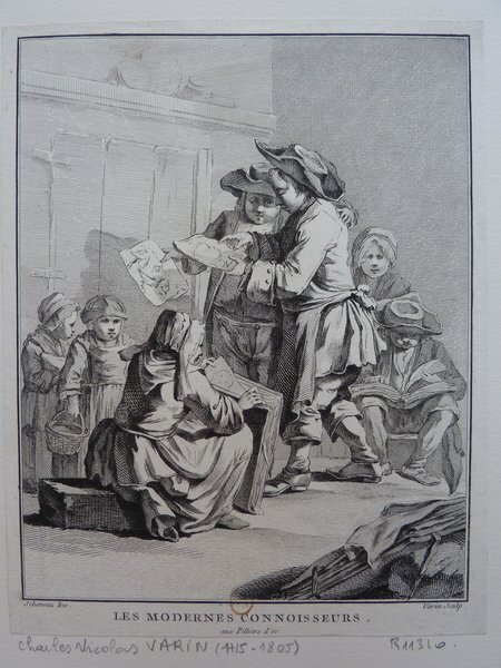 A black and white print depicting a scene indoors during the Ancien Régime. Several individuals, including women and children, are engaged in looking at and selling folio-sized prints. The setting suggests a market or a shop dedicated to the art and book selling trade.