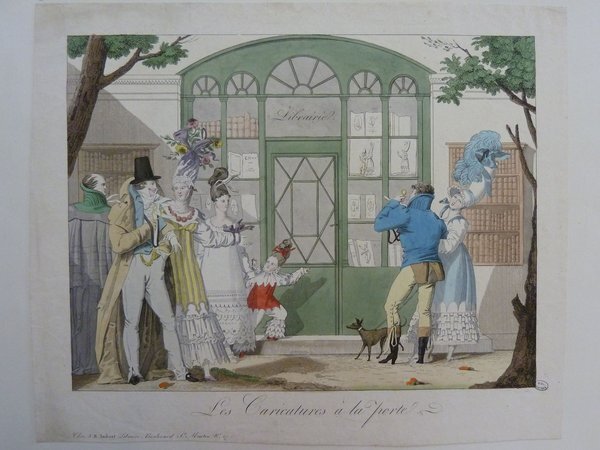 A print depicting a street scene with diverse characters wearing bourgeois outfits. Two groups of people interact near a window display of a bookstore labeled 'Librairie'. A woman and two men look at books, one man carries a child dressed in blue, and a dog stands by. The attire resembles that typical of the Empire period, characterized by detailed, elegant clothing.