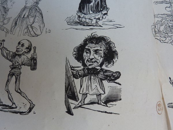 A detailed illustration featuring a man with long hair wearing a smock, wielding a painter’s palette and brushes, positioned near an easel and holding a mahlstick. The setting and attire suggest a historical context linked to the July Monarchy era.