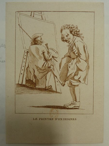 An etching depicting two artists in a studio, one holding a palette and brushes, gesturing towards a canvas on an easel. Both wear wigs and outfits à la Française, and one uses a mahlstick. The scene includes signs, typifying an artistic environment of the Ancien Régime era.