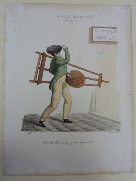 An artist carrying an easel and a palette walks on a street. The setting is likely related to an artwork restoration, indicated by the title and surroundings, including a street sign.