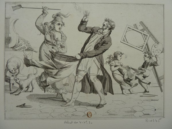 Black and white illustration depicting a chaotic scene with artists, children, musicians, and dogs indoors. One woman holds a fireplace shovel toward a man, while they both seem to be holding his pants. Nearby two children are quarreling near an easel. Symbols of music and painting like a harp and canvas are scattered around.