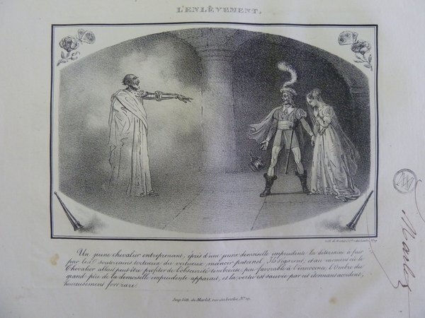 An old printed image depicting three figures in a dramatically lit indoor scene. There is one man clad in period attire, accompanied by a man and a woman in similarly historic costumes; the man holds a lantern. Text and ornate elements embellish the borders of the image.
