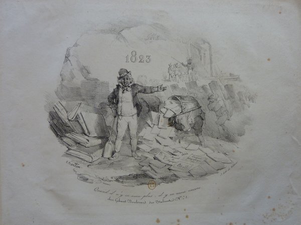 A vintage illustration from 1823 depicting a scene with military uniforms and figures in rural areas, found in a folio possibly linked to an album from that period. Notable presence of books, possibly indicating a link to publishers or educational content. The setting appears to involve re-enactment or restoration themes.
