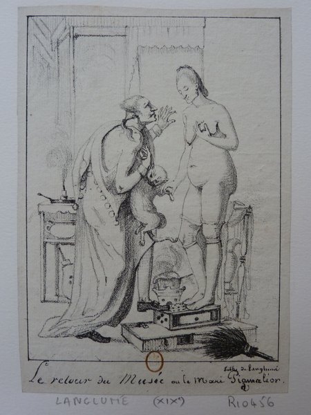 Sketch depicting a scene in an artist's studio, with a male figure in a  smock interacting with a standing nude female model next to a furnace. A cat is also featured in the setting. Elements such as drapery and studio furnishings are visible in the background.