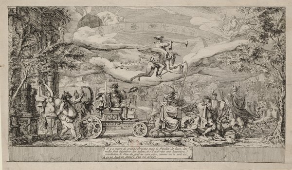 An intricate, detailed etching features an allegorical outdoor scene involving mythological figures like Jupiter, Apollo, and Mercury, alongside characters such as Don Quixote and figures from Commedia dell'Arte. The scene includes prevalent elements like laurels, trumpets, a procession, artists' brushes, and a palette, whilst anachronistic figures interact with fools, jesters, donkeys, and insects in a dynamic setting that suggests themes of fame, fine arts, and time.
