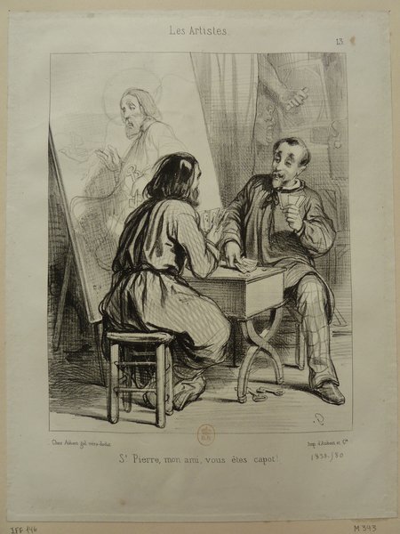 An etching depicting two male artists in a studio during the July Monarchy. One is painting a statue while the other, with facial hair and wearing a smock, sits at a table engaged in conversation and holding a cup.