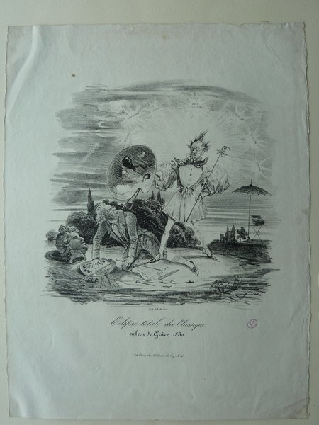 Black and white print depicting a surreal scene with a central figure in Bohemian outfit and pince-nez, surrounded by artists' brushes, a palette, quarreling figures, a rural backdrop with a castle; elements like umbrellas, wigs, and statues are also present, reflective of July Monarchy era. The image title "Eclipse totale de Classique au fan de 1830" and date are printed below.