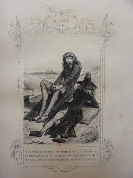 A folio page from "Musée Pour Rire" depicting a man with long hair, wearing a bohemian outfit and sitting outdoors. He has a thoughtful expression and is seated next to a hat, with a landscape backdrop possibly painted by a landscape painter. The scene is framed within an ornate decorative border suggestive of the July Monarchy era.