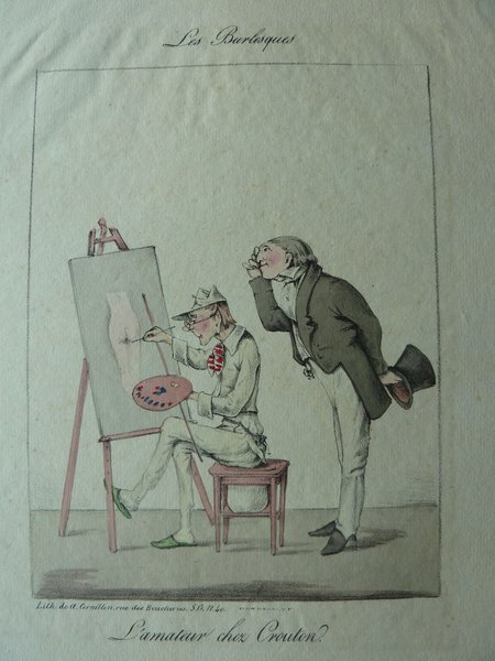 Two men, one dressed in a bourgeois outfit with a top hat, the other as an artist with a palette, in a studio. The bourgeois man wears a monocle and peers closely at a painting on an easel, while the artist holds a mahlstick and brushes, seated before the canvas.