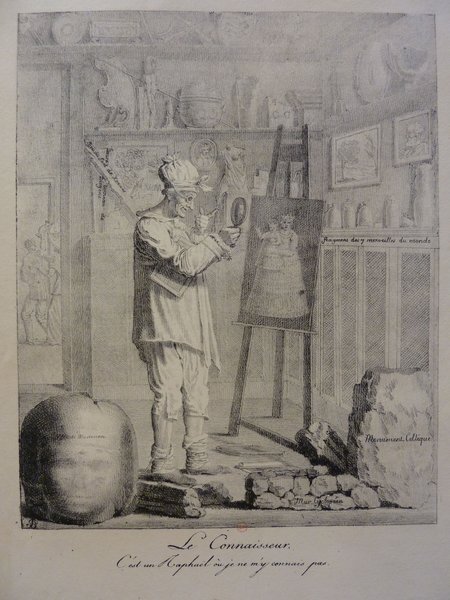 A person using a loupe to examine a painting in an indoor setting filled with various antiques. The individual is wearing pince-nez glasses. The room hints at art restoration or critique due to the presence of multiple artworks and artifacts.