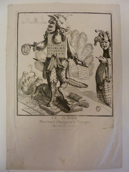 An illustration featuring anthropomorphic characters dressed in elaborate costumes: a donkey with a wig, holding books and a magnifying glass, standing beside a jester who is offering an object. The setting suggests a street scene with visible elements of allegory related to the Ancien Régime. Included are symbolic animal figures such as peacocks and turkeys, emphasizing themes related to book selling and street vendors.