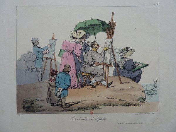 A man, three women and children in rural setting, using easels and mahlsticks to paint landscapes. Some wear smocks, one holds an umbrella, with a windmill in the distant background.