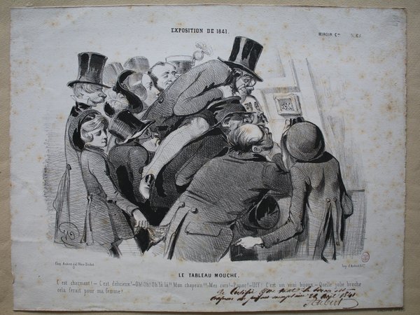 Black and white illustration depicting a crowded exhibition in 1841, where multiple individuals viewed artwork. Some men, wearing top hats and a woman, examine paintings closely, one with a loupe.