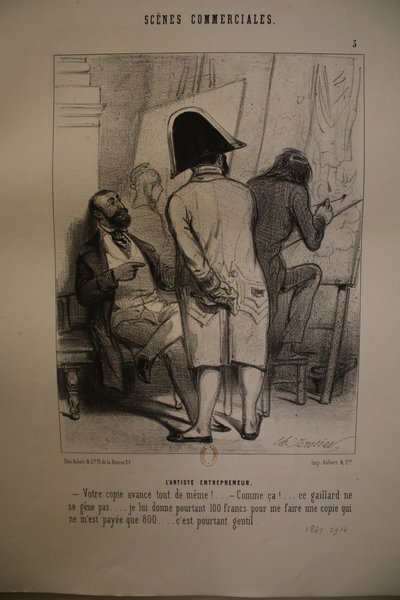 Image depicting a scene with several men in an interior setting. One man is wearing a bicorn hat and a military uniform, observing another, with long hair, who is painting on an easel and using a mahlstick. A seated man in formal outfit and another figure are also present. The scene is suggestive of an art viewing or discussion during the July Monarchy era, involving painters, various outfits, and hats.