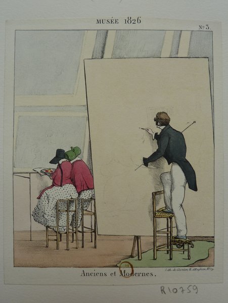 A drawing depicting a scene in a museum from 1826, showing two women and a man engaged in painting and restoration. The women, dressed in bourgeois outfits, and the man, also well-dressed, use easels, mahlsticks, and palettes. The setting includes elements typical of an art studio or gallery environment.