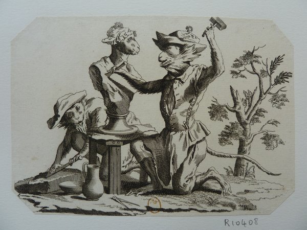 An etching depicting two monkeys in a rural setting, dressed in clothing reminiscent of the Ancien Régime. One monkey, using a sculpting tool, carves a statue, another assists, while the third observes. The scene includes a tree, foliage, and sculpting tools.
