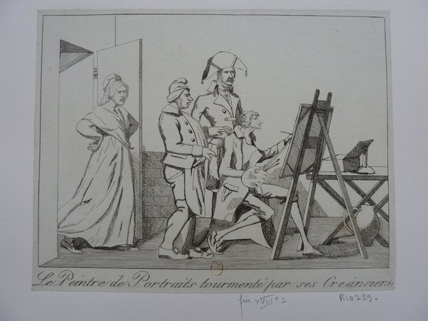 An etching depicting a scene in an artist's studio, showing a painter at an easel, a palette and mahlstick in hand, creating a portrait. A woman in the doorway and a man wearing a bicorne hat observe the painter at work. The setting includes various artists' tools such as brushes and mahlsticks, emphasizing the occupation of the individuals as painters.