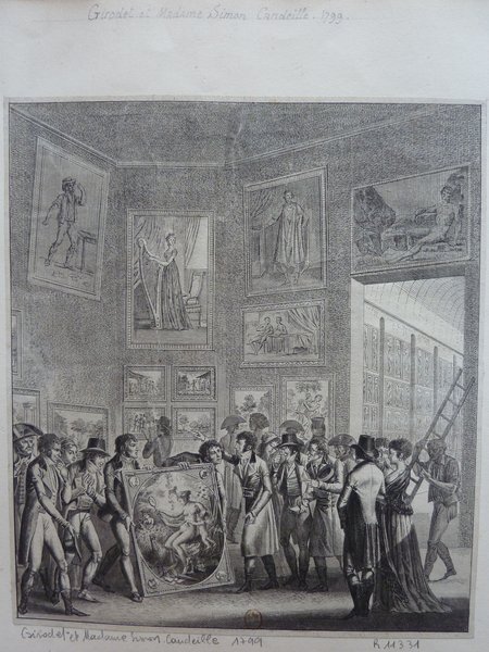Historical etching depicting a salon exhibition; Anne-Louis Girodet and Julie Candeille appear named. The scene features visitors in Consulate-era attire observing various framed paintings. Some men are wearing bicornes and top hats, while a woman is dressed in a bourgeois outfit. Notably, one painting is being hoisted up a ladder. Elements like Élise Lange, exhibitions, and other details mentioned enhance the setting's richness.