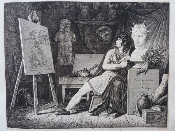 A black and white engraving depicting an artist in a bohemian outfit and smock, with long hair, seated next to a classical statue in a studio filled with antiques, including armor and other statues. The artist is holding a palette and brush, gazing at a canvas on an easel.