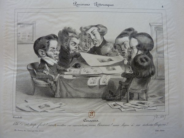 A black and white print depicting a group of men with bourgeois outfits and long hair typical of the July Monarchy era, gathered indoors around a table. Some of the men are wearing pince-nez and are viewing or pointing at documents. The scene is detailed and animated, with expressions of interest and amusement.