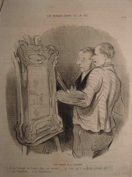 Black and white illustration depicting two men, possibly from the July Monarchy era, in a painter's studio. One man, wearing pince-nez and with facial hair, observes a painting on an easel, while the other, also with facial hair, holds a palette and artists' brushes, engaged in painting. Various art supplies and studio elements are visible.