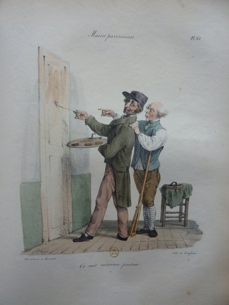 Two painters, one holding a palette and brush, collaborate on a painting in an indoor setting, suggestive of art criticism or pedagogy. A small stool with artists' brushes and restoration tools is beside them. The artwork evokes a scene of either teaching or artistic critique.