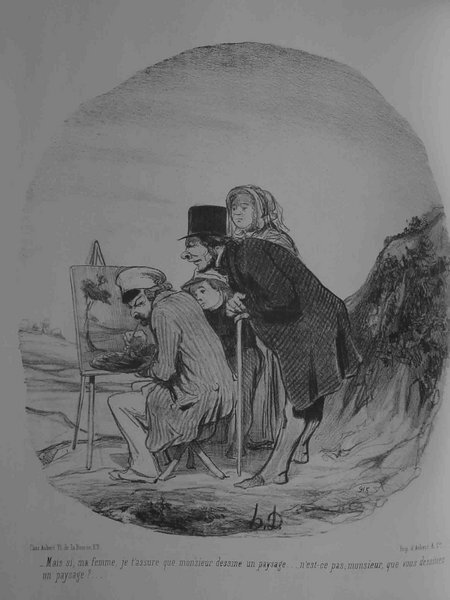 A black and white illustration depicting a rural landscape scene with a group of people. A painter, with artists' brushes and a palette, is seated before an easel. Surrounding him are individuals including children and women, some wearing top hats and one holding a cane. The group appears to be examining the painting, typical of an art critics gathering during the July Monarchy era. Facial hair and bourgeois attire, such as hats and canes, are visible.