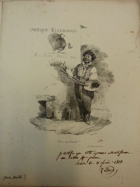 An engraved illustration showing a painter holding a palette and brush, with facial hair, near a storefront. The image includes paintings, bottles, artists' brushes, signs, and hints of a restoration setting. There's a clear focus on the artist's activity, surrounded by elements typical of a shop environment dedicated to art and restoration.