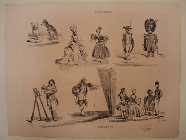 An illustration featuring various sketches: an artist using a palette and brush at an easel, romantic and bohemian attired individuals, and scenes with dogs, children, and people wearing wigs and habité à la française.