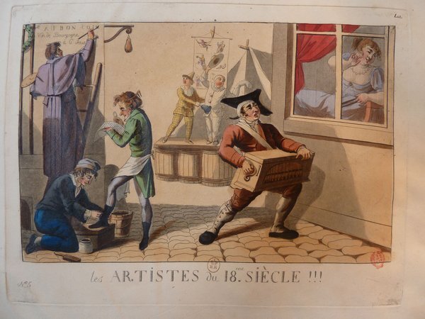 Historical artwork depicting multiple vignettes with different figures, including artists and entertainers on a street, using objects such as ladders, palettes, and a sign. A woman appears in a window, and various individuals are shown performing different tasks related to painting and writing. The scene conveys a lively street atmosphere, possibly depicting the bourgeois lifestyle or professions during the 18th century.