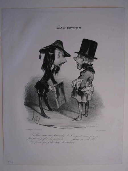 Black and white illustration depicting two characters with exaggerated facial features, both wearing top hats. The person on the left has long hair and a bohemian outfit, holding a painting. The scene takes place outdoors, suggesting an art market during the July Monarchy era. They appear to be engaged in a conversation about paintings.