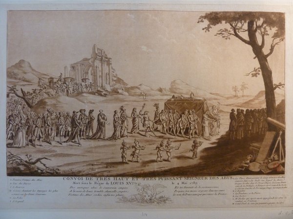An 18th-century engraving depicting a rural scene with a procession of women and men, some in elaborate dress, near classical ruins and trees. The imagery includes a cart, bystanders, and a backdrop of rolling hills and sparse vegetation.