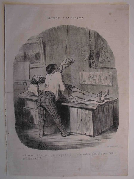 A monochrome illustration depicting a scene inside an artist's studio post-1848. A male model lies partially draped on a platform, while an artist, seen from the back, paints at an easel. Various artworks, including paintings and drawings, are visible around the room. The environment shows elements typical of an artistic workspace.