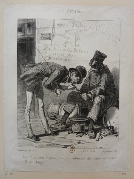 Historical artwork depicting three men in a street scene. One man wearing a military uniform with a top hat is leaning forward, while another sits on the ground. Both are using canes and interacting near a small stove. There's illustrative text and numbers on the borders.