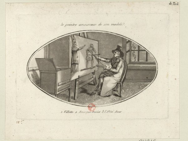 Historical print depicting an artist in a studio, using a palette and brush to paint on an easel, with a mahlstick. In the background, figures resembling Charles Villette and a politician in dialogue can be seen, reflecting elements relevant to the Consulate era. The artwork includes items like artists’ brushes and a palette, adding depth to the scene.