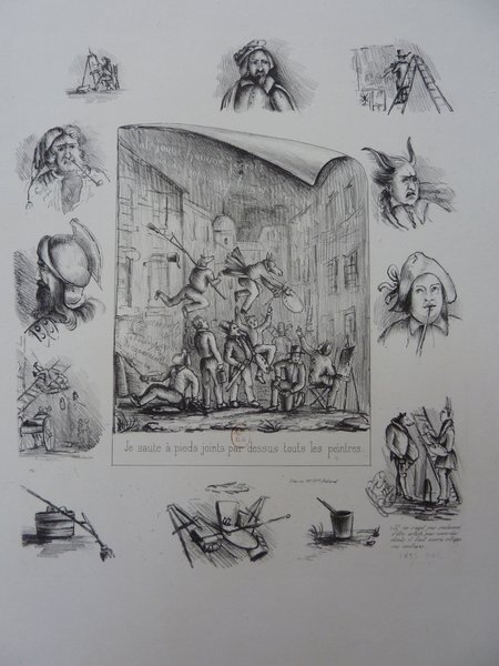 Illustration featuring various vignettes including painters with easels, palettes, and paintings, individuals in bohemian outfits, and street scenes with donkeys, ladders, and swine. Signs are visible along with elements suggesting it's outdoors, possibly during the July Monarchy era.