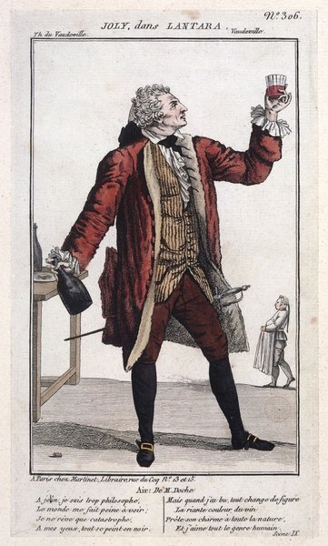 Illustration featuring a man in an elaborate 18th-century outfit including a wig, holding a wine bottle aloft in one hand, and a glass in the other. He wears a dark knee-length coat with gold detailing, a red waistcoat, and matching breeches. In the background, a painter in a white apron and a floppy hat stands at an easel outdoors. Text and a small graphic of a hat and sword appear below.