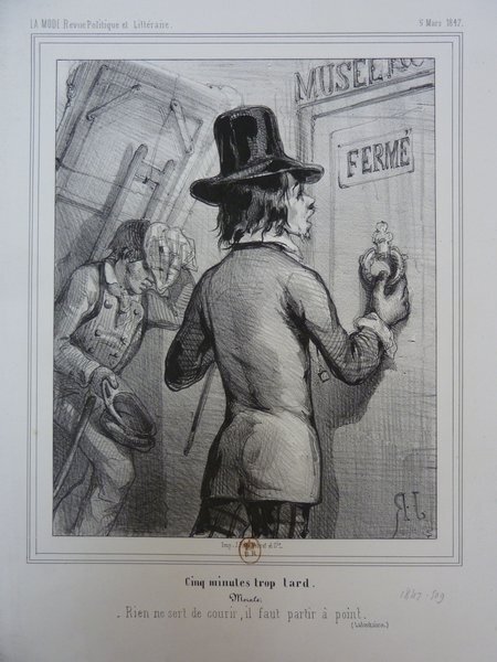 Black and white illustration showing a bohemian-looking man with long hair and facial hair, wearing a hat, looking at a closed door labeled "MUSEE FERME". He holds a small painting in one hand, indicative of his occupation as a painter. The setting suggests an exhibition hall, possibly during the July Monarchy era, with paintings and a seated figure also visible.