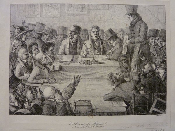 A black and white etching depicting a scene indoors with a group of people, mostly men wearing top hats, gathered around a table where art is presumably being discussed or auctioned. Some individuals appear engaged in conversation, others are observing, and a few are examining documents. No women are visible in the scene. The setting includes paintings and indications of a formal gathering, possibly involving art dealers or collectors.