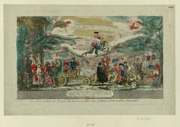 An allegorical artwork featuring a procession with figures resembling mythological deities and characters. Central figure of Mercury, identifiable by his winged helmet, is riding a chimera, while a character resembling Don Quixote on a donkey appears. Other elements include Jupiter with laurels, Apollo, artists' brushes, palettes, trumpets, and various figures in outdoor, commedia dell'arte style costumes engaged in a festive procession.
