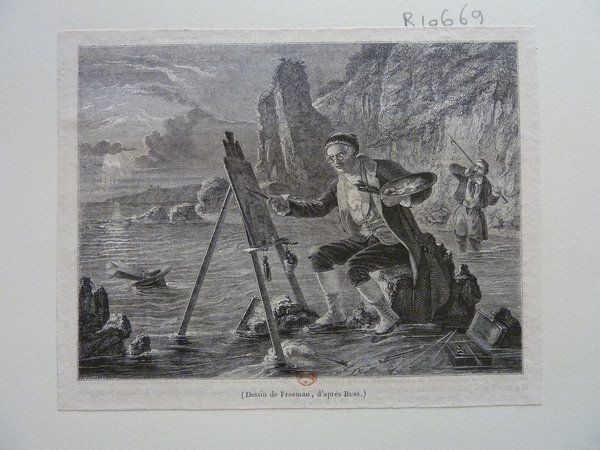 An engraving of an artist with a palette and pince-nez, working on a painting at an easel in a rural landscape setting during the July Monarchy era. Another figure observes in the background. The scene includes detailed depictions of a rocky terrain and a small boat on water.